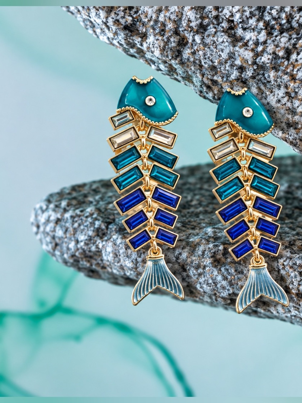 Ocean Blue Fishbone Statement Earrings Coastal Chic